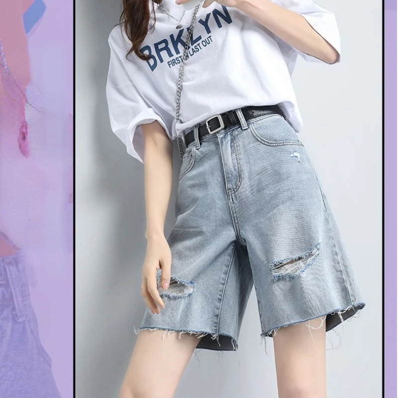 

2023 Summer New High Waist Ripped Denim Shorts Women's Loose Slimming Thin Over-the-Knee Mid-Length Pants Woman
