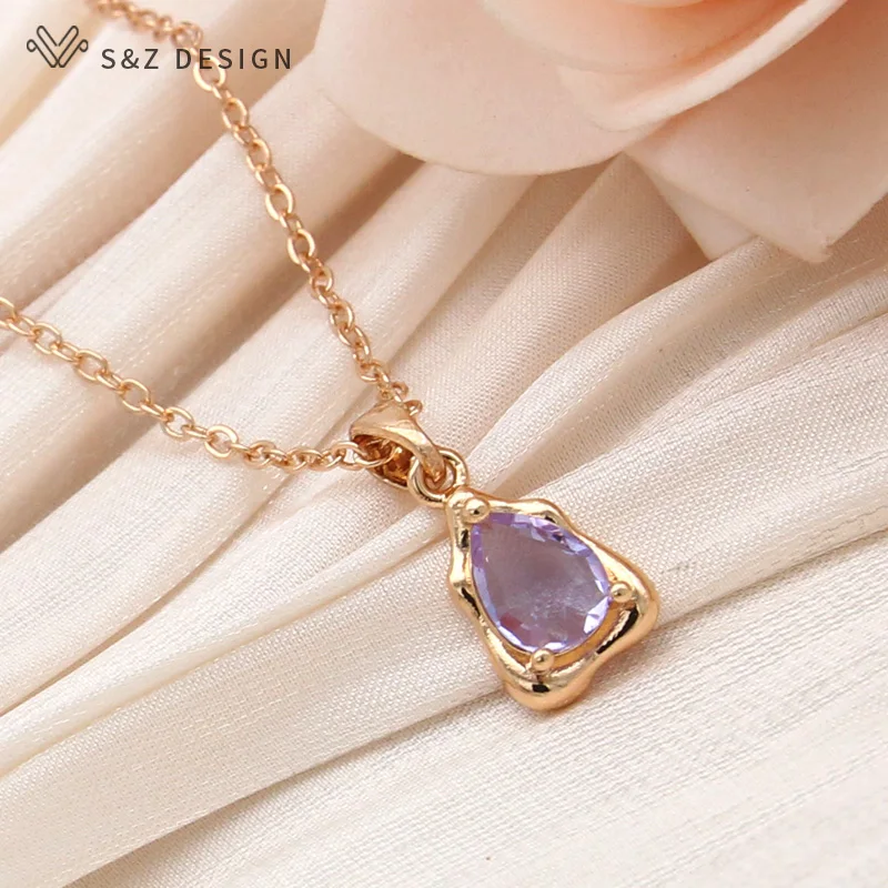 S&Z DESIGN New Fashion Irregular Light Purple Water Drop Pendant Necklace For Women Party Daily Champagne Gold Color Jewelry