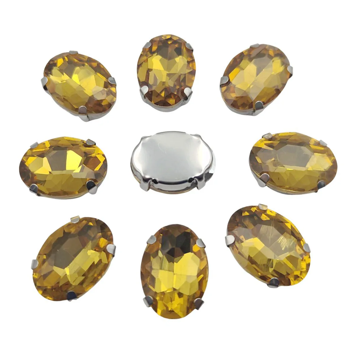 Oval Glass Rhinestones with Claw Setting on Silver Metal Base