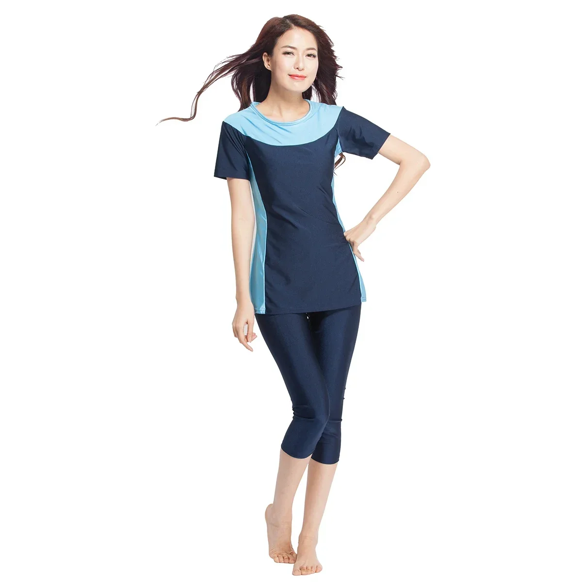 Women Muslim Swimwear 2pcs Islamic Swimsuit Muslim Women Girls Tankini Short Sleeve+Leggings Elastic Sports Bathing Diving Swimwear Burkini Musulman
