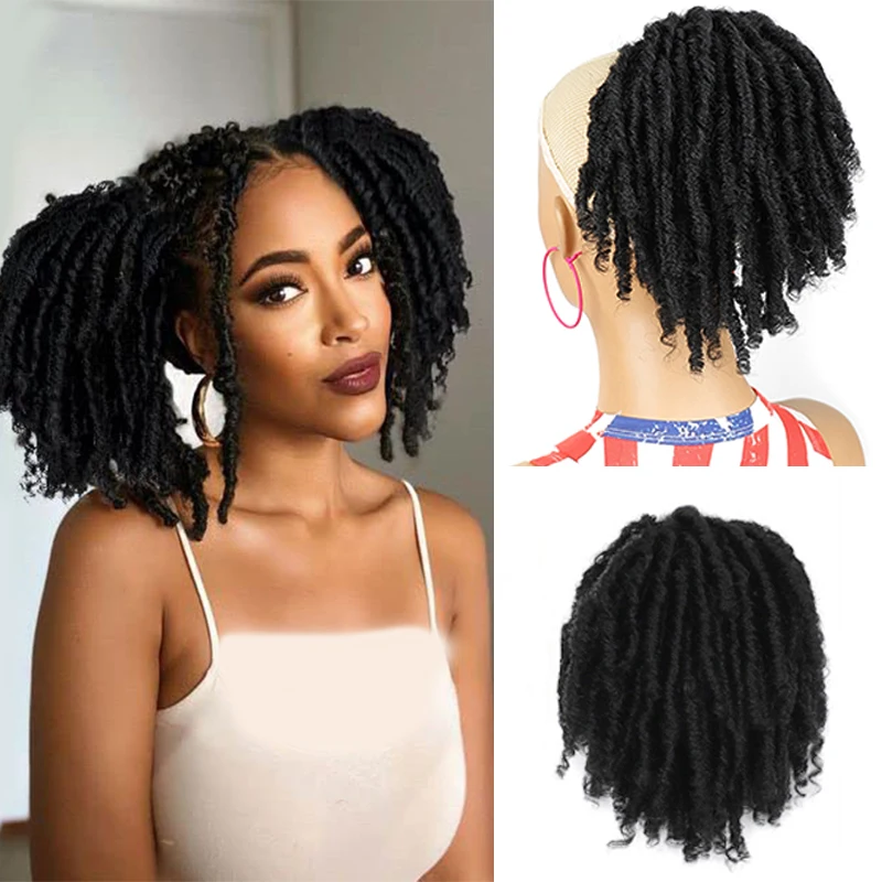 Short DreadLocks Bun Loc Accessories Clip in on Ponytails Hair Extensions Fake Ponytail Synthetic Hair Pieces for Black Women
