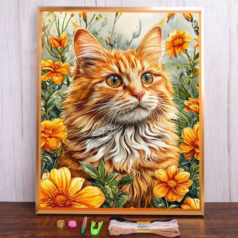 Orangefarbener Katzenblumen-bedruckter Stoff, 11 CT, Kreuzstich-Set, Stickerei, Nähen, Handarbeit, Handarbeit, handgefertigt, für Erwachsene, gestempelter Schmuck