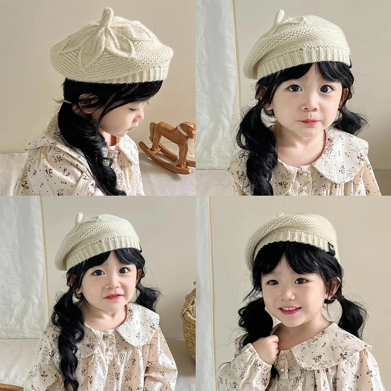 Solid Color Children Baby Beret Hat Winter Warm Knitted Beanie Cap for Infant Girls Toddler Princess Artist Painter Caps 6