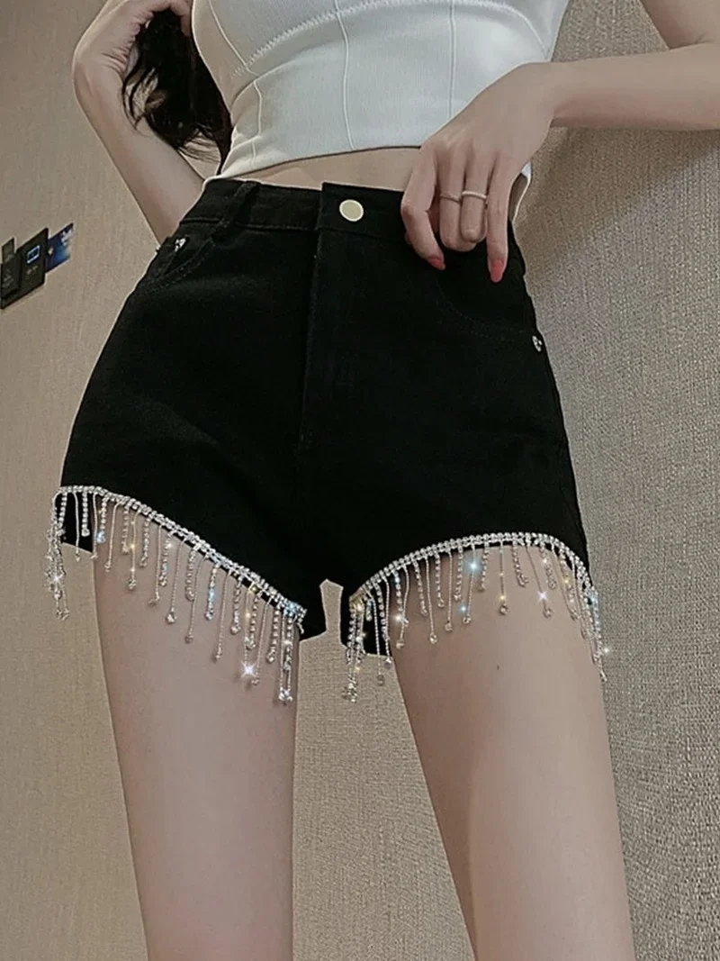 2023 Spring Summer Women High Waist Black Denim Shorts with Buttons Rhinestone Heavy Tassels Nail Diamond Bead Female Slim Jeans