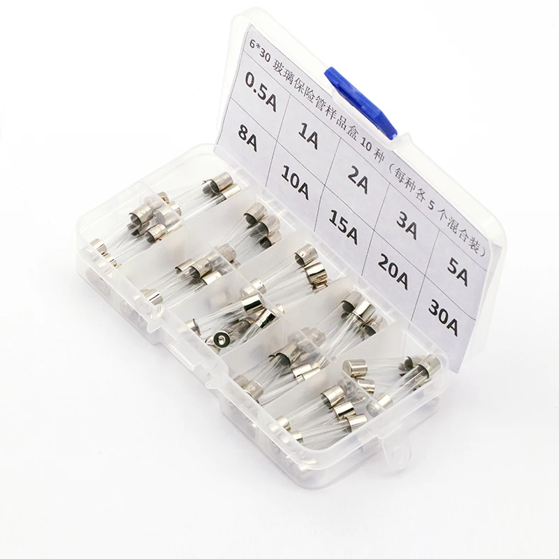 

Glass fuse, fuse tube, fuse wire, package box 6*30mm 250V 0.5A~30A fast blow type, 5 pieces each of 10 types