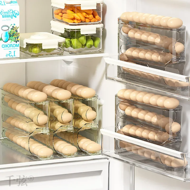 Transparent slide egg storage box 4-layer ladder egg box storage refrigerator side door large capacity automatic egg roller 4