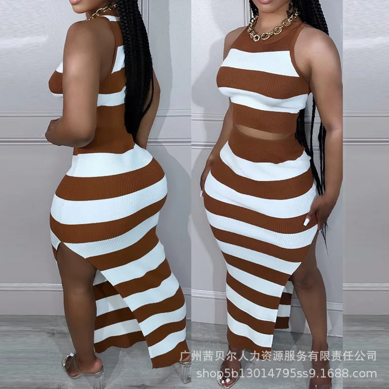 

Colorblock Striped Round Neck Top & High Slit Skirt Set Women Sleeveless Camis Tanks Tops High Waist Long Skirt