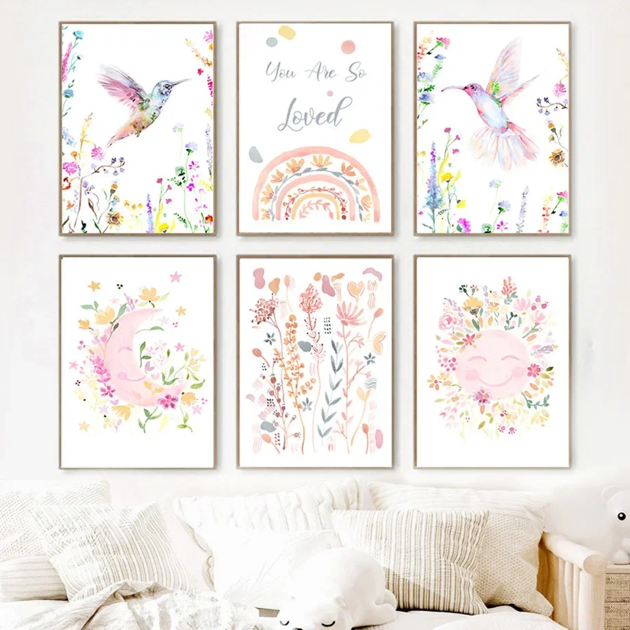 

Boho Bird Flower Cute Rainbow Sun Moon Nursery Wall Art Canvas Paintings Posters And Prints Wall Pictures Baby Kids Room Decor
