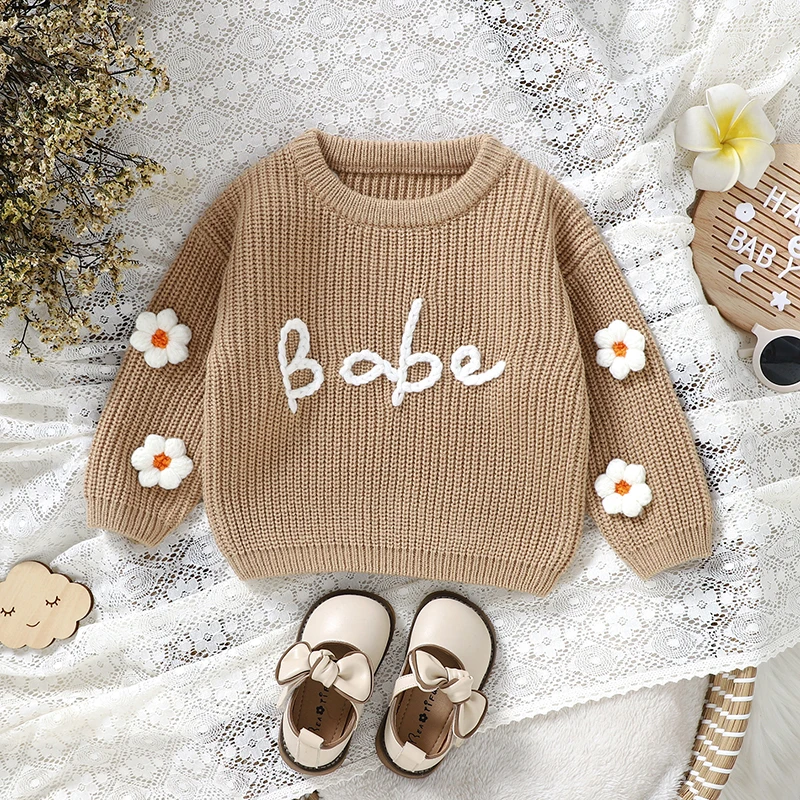 Sweet Floral & Letter Embroidery Print Baby Girls Long Sleeve Sweaters Knitted Acrylic Baby Soft Sweatshirt For Newborn Infants For baby girls sweater