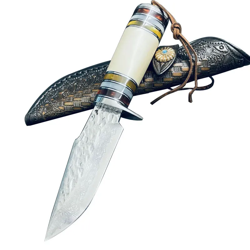 

62 HRC Damascus Steel Fixed Blade Hunting Knife Bovine Bone Resin Handle For Camping Survival With Leather Scabbard