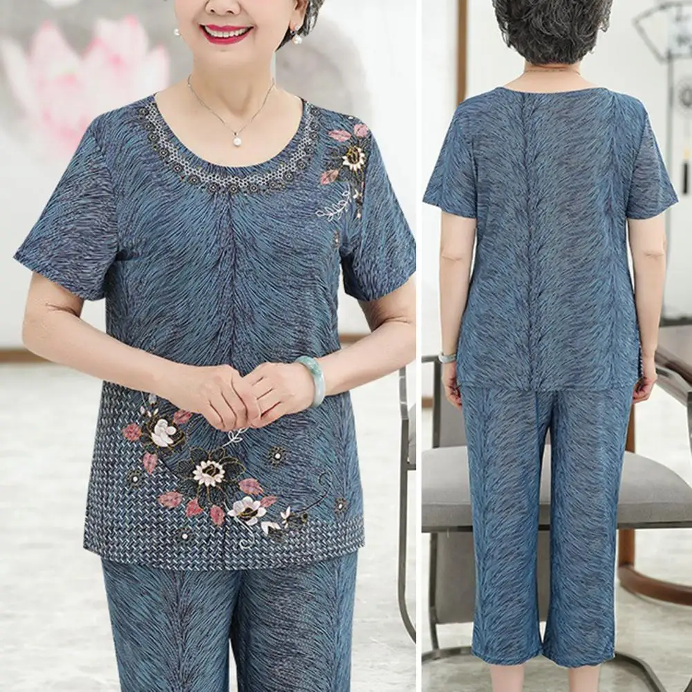 

Elderly Women T-shirt Pants Suit Summer T-shirt Pants Suit Elegant Flower Print Grandma T-shirt Pants Suit for Elderly