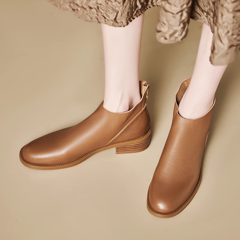 

2023 New Autumn Women Boots Round Toe Chunky Heels Ankle Boots Winter Chelsea Boots Genuine Leather Women Shoes