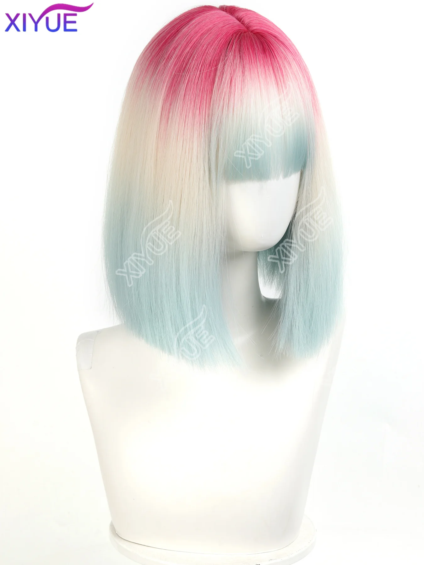 XIYUE Pink gradient blue Short Straight Hair Wig for Women with Bangs Gradient Highlights Lolita Bob Wigs Synthetic Wig Pastel