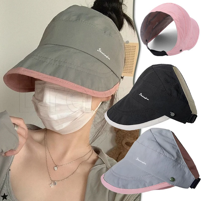 여성용 양면 할로우 탑 자외선 차단 모자, 여름 자외선 차단, 사이클링용 큰 챙, 포니테일 덕으로 묶을 수 있음