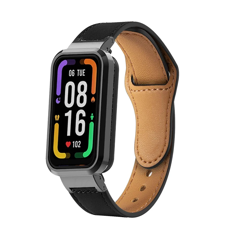 Premium Leather Strap with Metal Cover for Smart Band Wristbands – Elegant Protective Case Shell Frame