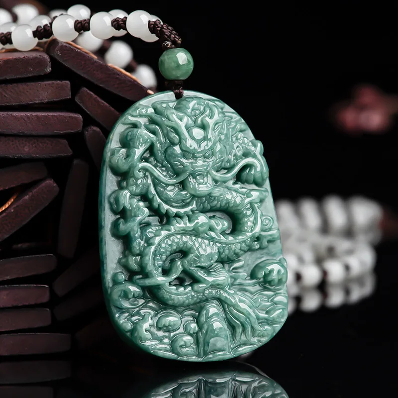 Burmese Jade Dragon Pendant Amulet Jadeite Carved Necklace Jewelry Men