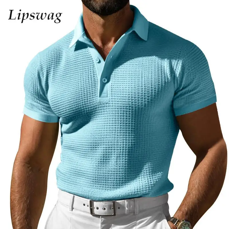 

Fashion Mens Polo Shirts Slim Short Sleeve Turn-down Collar Buttoned Polo Men Tops Summer Breathable Waffle Solid Color T Shirt