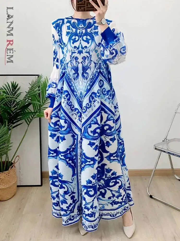 LANMREM Pleated Print Dress Women's O-neck Lantern Sleeves Color Contrast Elegant Long Dresses 2025 Spring New Clothing 2Z2990