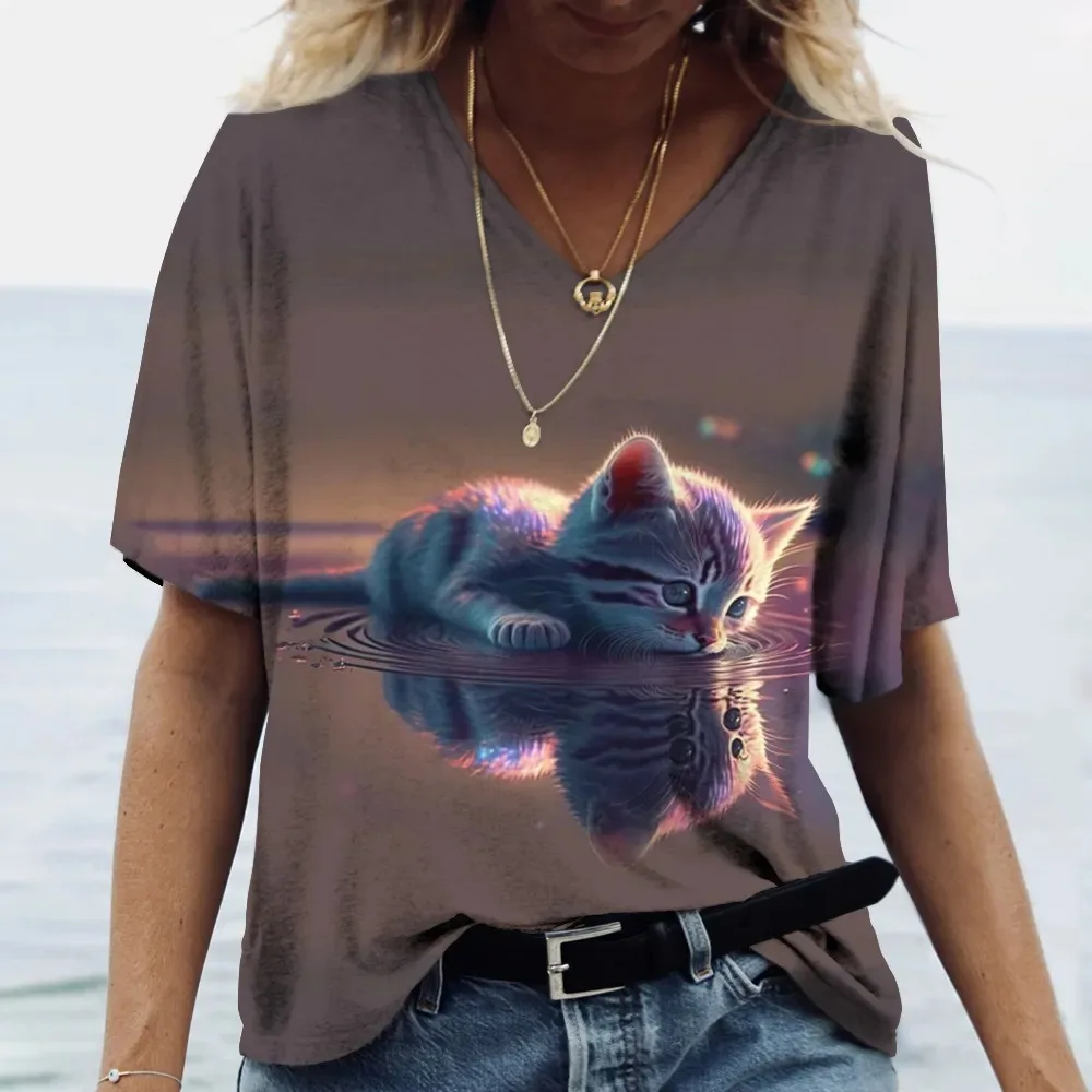 Fashion Women's T-shirt Cat Printed Short Sleeve Female Harajuku Tees Ladies T Shirt Oversized V-neck Tops Animal Women Clothing 5