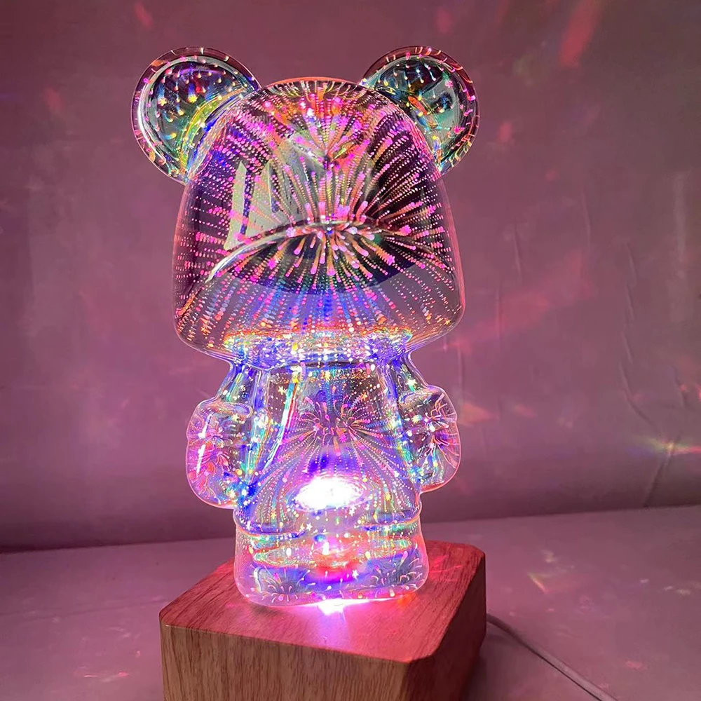 

3D Glass Fireworks Little Bear Night Light Home Bedroom Living Room Decorative Atmosphere Light Table Decora Seven-color Dimming