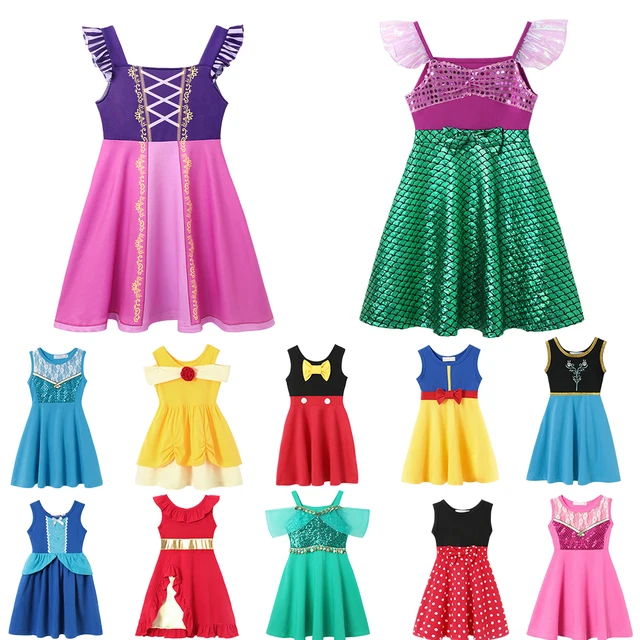 Robe sirène raiponce pour filles, tenue décontractée, asymétrique épaule dénudée, manches courtes, Costume de princesse, gilet d'été décontracté 1