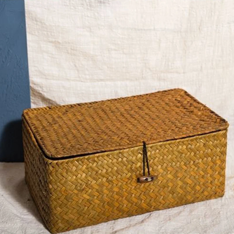 Woven Storage Baskets Rectangular Wicker Storage with Lid Woven Storage Box Woven Natural Reed Storage Basket for Bookshelves De 4
