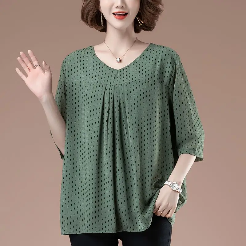 Elegant Women Oversized Chiffon Shirt Summer Half Sleeve V-Neck Polka Dot Fashion Casual Pretty Aesthetic Pullover Blouses 2023