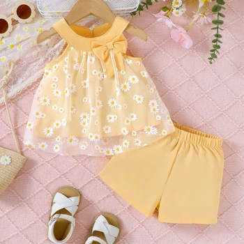 2PCS 0-3Y Toddlers Clothes Set Baby Girl Sleeveless Off Shoulder Daisy Mesh Top+Shorts Summer Cool Suit Set Fashion Vacation Set 1