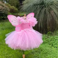 Robe de fée rose pour filles, Tutu à paillettes, robes à fleurs avec aile et bâton, nœud de cheveux, Costumes de fête d'anniversaire et d'halloween pour enfants 5