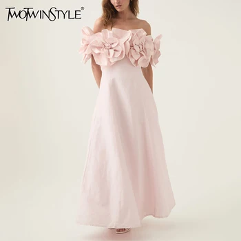 TWOTWINSTYLE Solido Moda Abiti Midi per Le Donne Slash Neck Senza Maniche Patchwork Fiore 3D Abito Tunica Femminile Autunno Abbigliamento 1