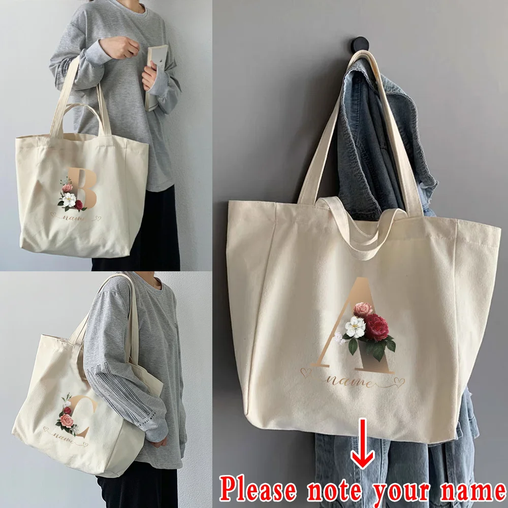 Canvas Female Shoulder Bag Custom Name 26 Gold Letter Books Handbag Large-capacity Tote for Women Eco-friendly Shopping Bag 40cm women handbag crossbody purse lantern chain shoulder bag tote strap diy