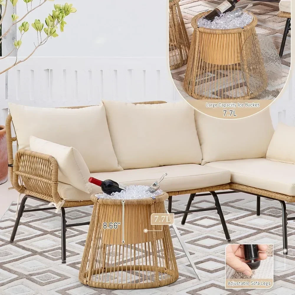 4-piece Bohemian Outdoor Furniture Set with Egg Chair and Ice Bucket, Small L-shaped Willow Conversation Segmented Sofa Set 3