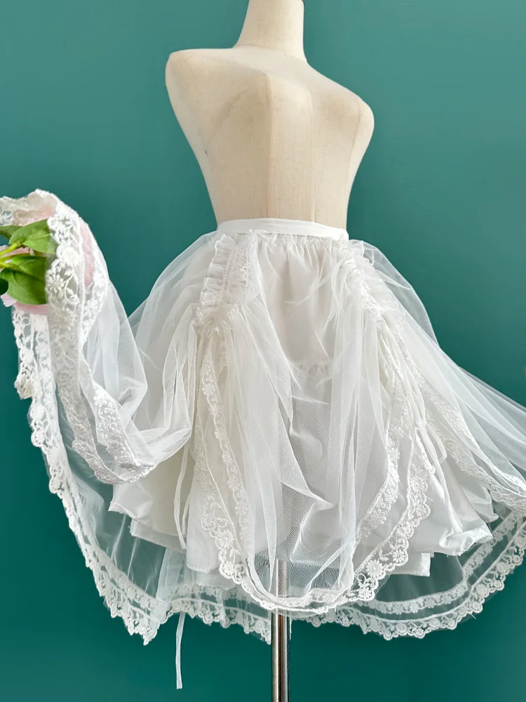 Asymmetrical Sweet Lolita Style Lace Embroidery See Through Cover Up Mesh Skirt Women Japanese Kawaii JSK Princess Party Dress