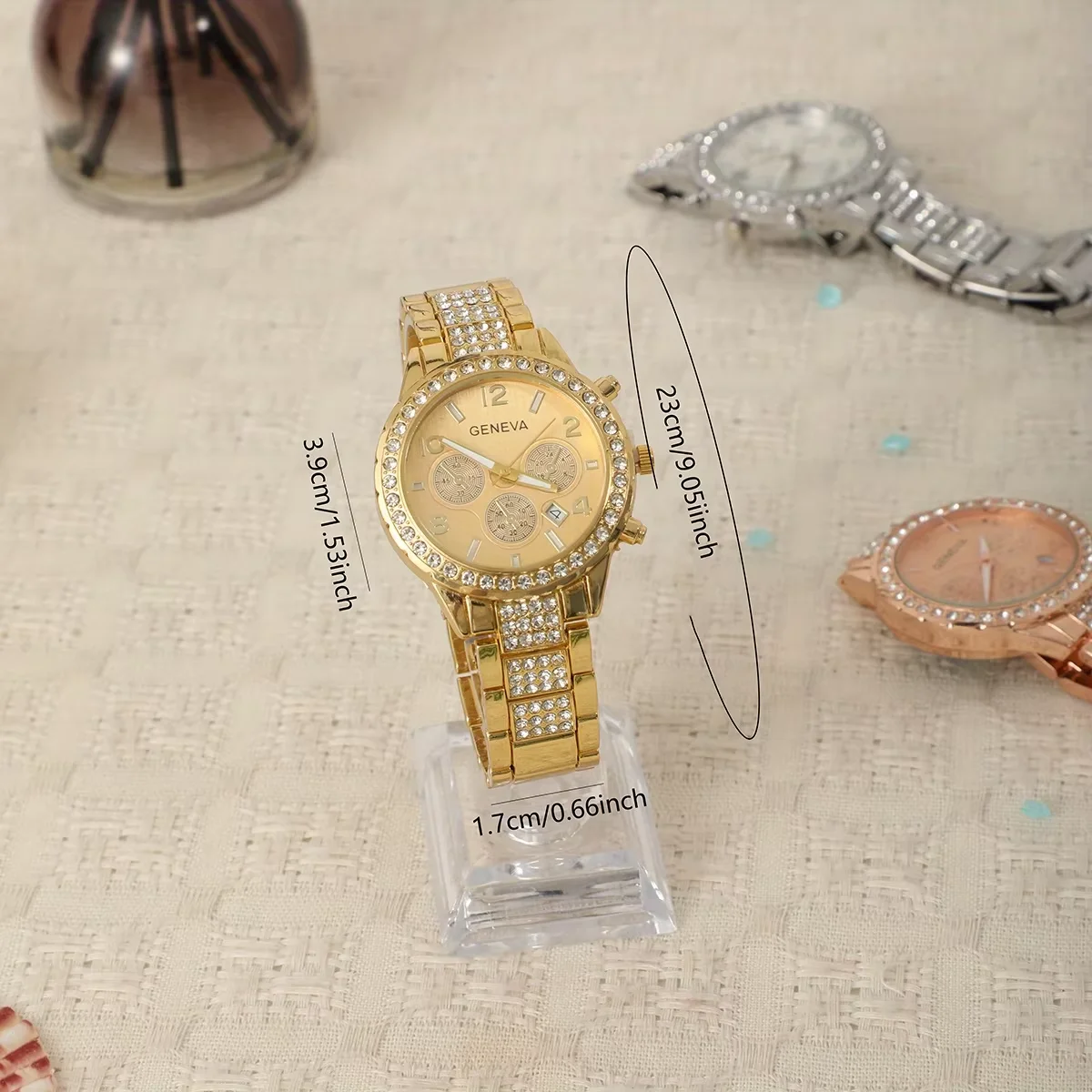 5pcs -Digital dial display with gold case and rhinestone design , Jewelry Set - Three Eye Alloy Watch+Butterfly Bracelet - Perfe