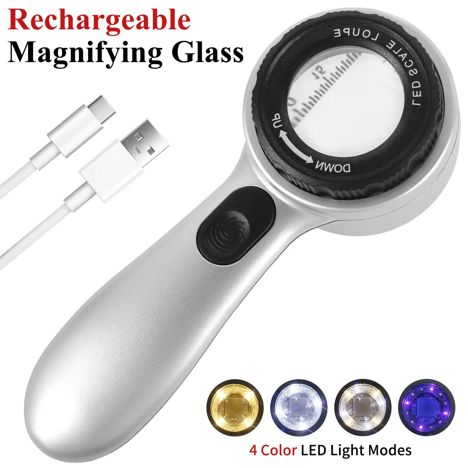 

Rechargeable 30X Handheld Magnifying Glass with LED Lights Illuminated Magnifier 4 Light Modes Scale Jewelry Loupe for Seniors