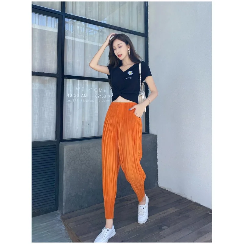 18 Color Spring High Elastic Waist Trousers Women's Pleated Harem Pants Casual Loose Pockets Fold Solid Color Pants
