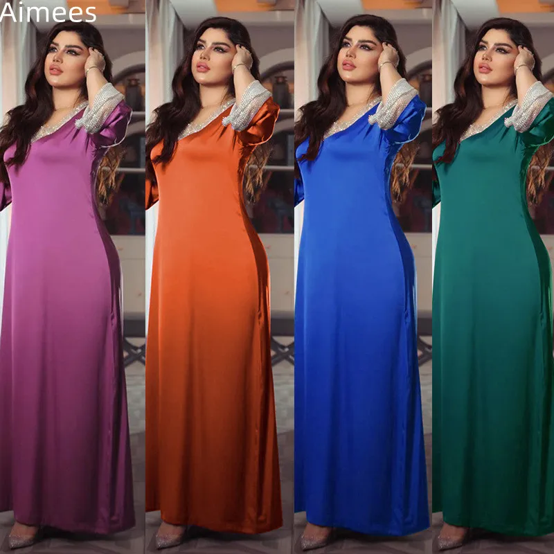 

Luxury Diamonds Middle East Evening Dress Elegant Women Dubai Robe V Neck Turkish Long Dresses Abaya Maxi Gowns Autumn 2022