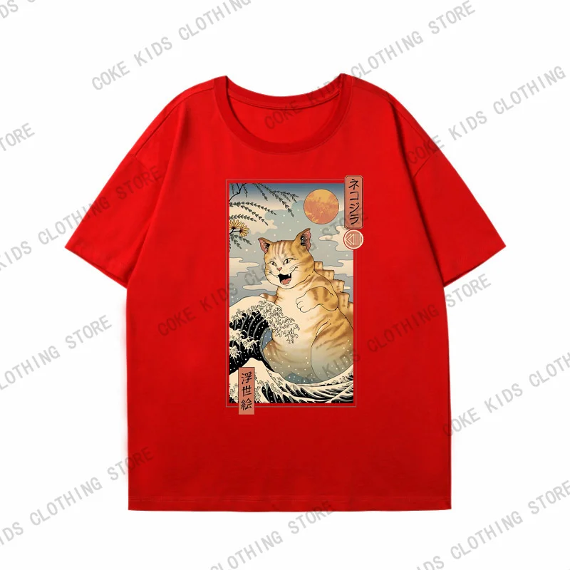 Japanese Anime Style Cat Printed Summer Cotton Child T Shirts Fashion Outdoor Sports Loose Tees Unisex Y2k Daily Street Clothing