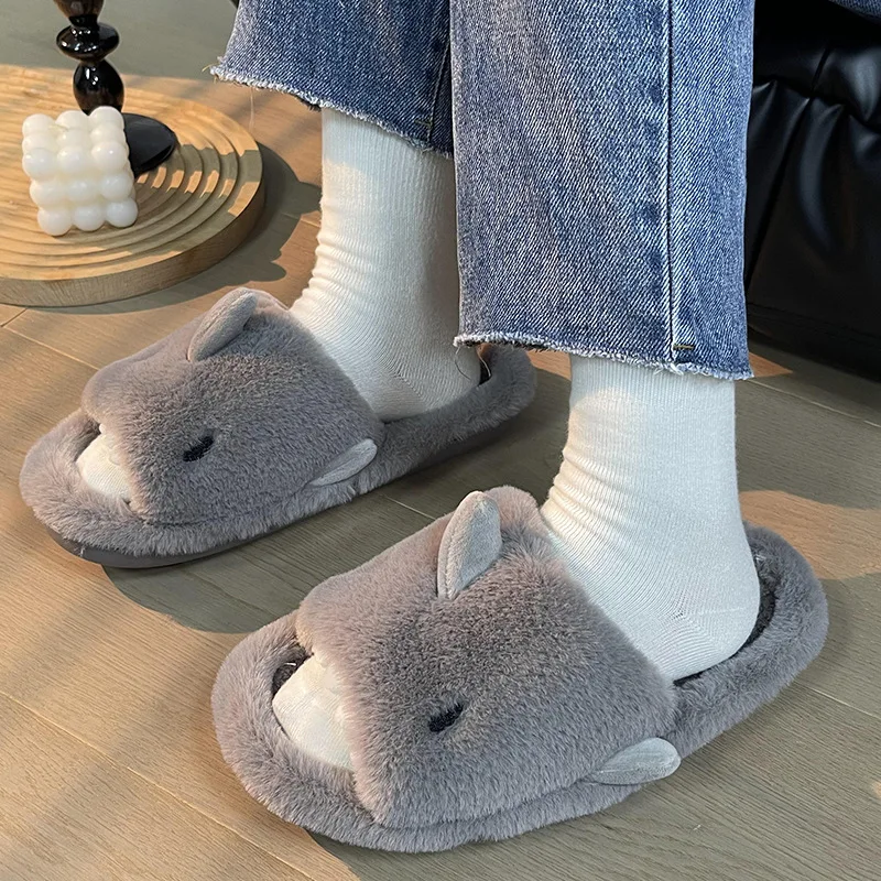 

Shevalues Cartoon Plush Shark Slippers For Women Men Winter Soft OpenToe Home Shoes Women Indoor Household Warm Cotton Slippers