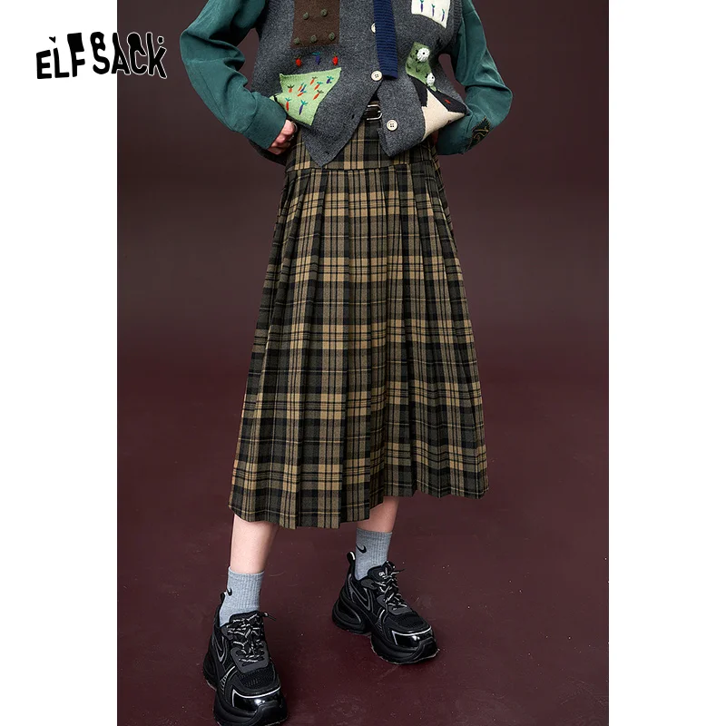 ELFSACK Korean Fashion Checkered Pleated Skirt Woman 2023 Winter New Academic Style Skirt 2023 spring and summer pleated skirt women s high waisted a line fashion style buttock bag versatile checkered irregular skirt