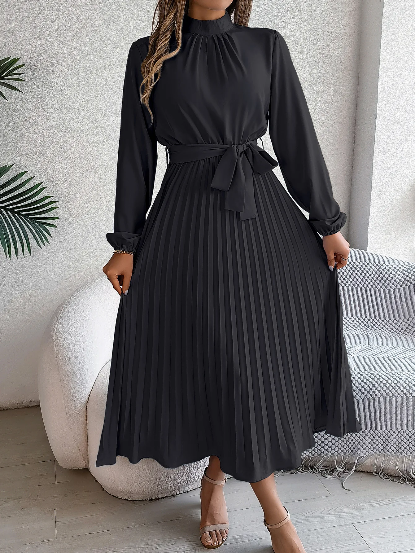 Solid Stand up Collar Bridesmaid Dress Spring Summer Casual Elegant Long Sleeve Waist Cinched Pleated Long Dresses for Women