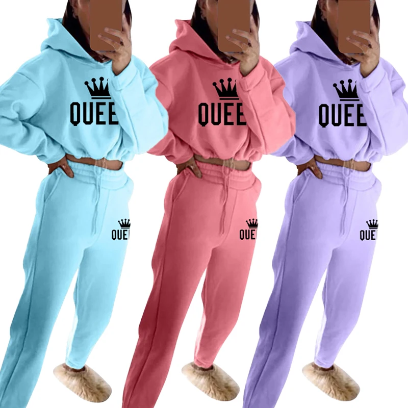 New Women Queen printing Tracksuit Oversized Hoodie and Pants Casual Sport Suit Winter 2 Piece Set 8 Colors Jogging Suit бутылка для воды sport queen 550 мл