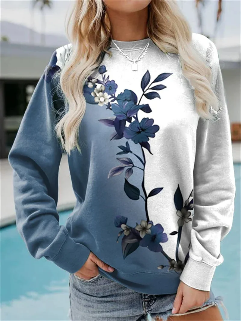 Fashion Flower Print Round Neck Pullover Sweatshirt Female Autumn Comfortable Casual Long Sleeve Hoodie Women's Loose Outerwear