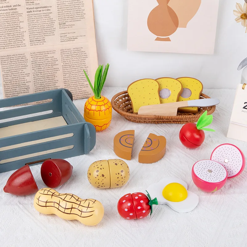 Kids Pretend Play Magnetic Cutting Toys Wooden Fruits Vegetables Cognitive Toys Simulation Food Educational Gift for Girl