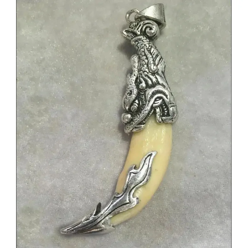 

Wolf's teeth pendant set with Tibetan silver charms pendant