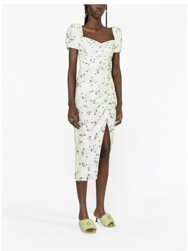 

2024 Summer New Women Printed Green Square Neck High Waist Short Sleeve Long Dress