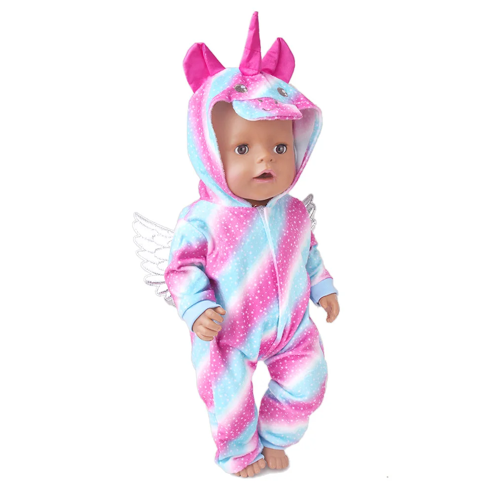 

Doll Clothes Unicorn Conjoined Pajamas with Hat Silver Wings Striped Jumpers Fit 18 Inch &43cm Newborn Baby Toy Accessories