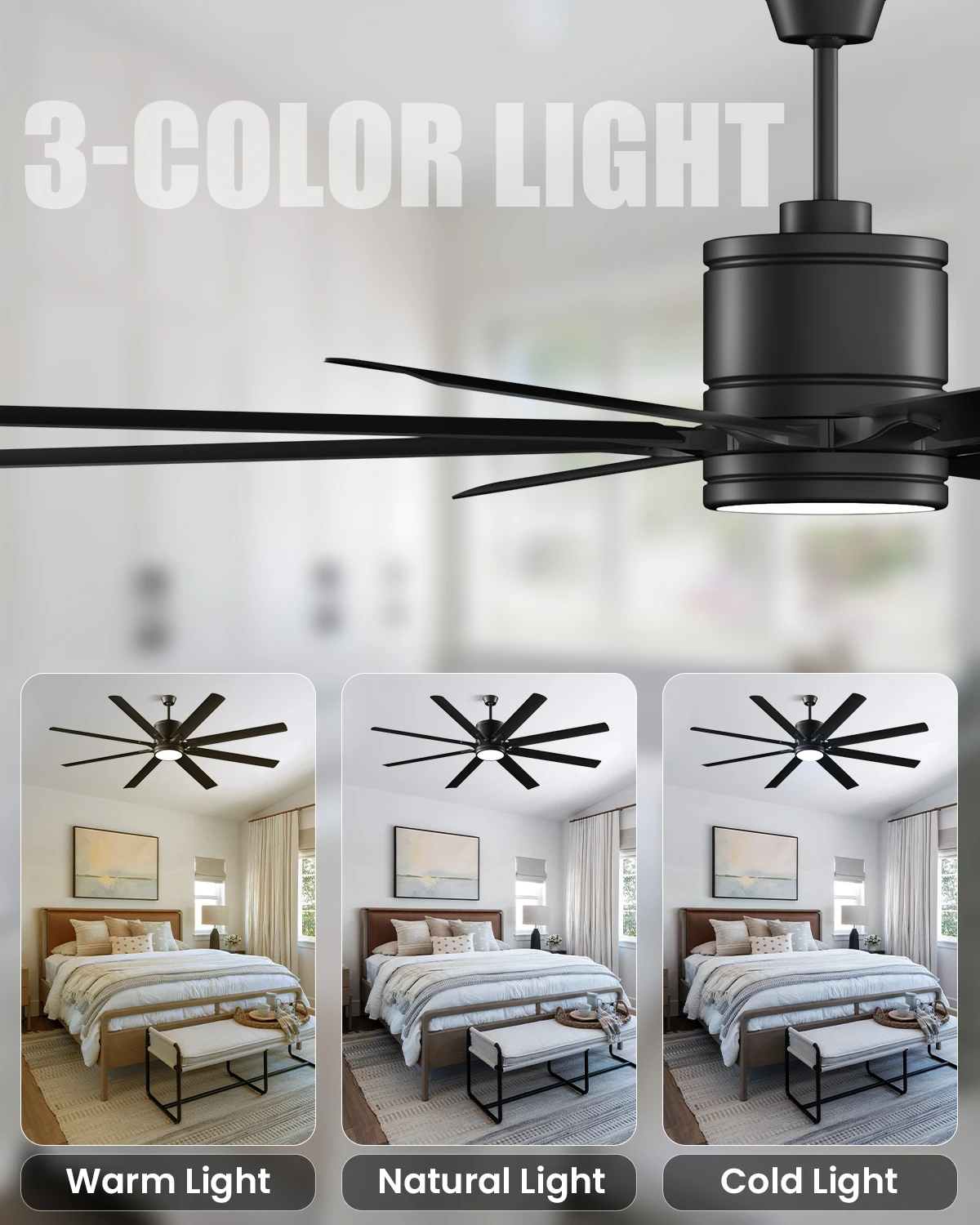 Kristoff 66" Large Ceiling Fan with Light & Remote Control, ETL Listed, 8 Blade Low Profile Ceiling Fan Light Fixture