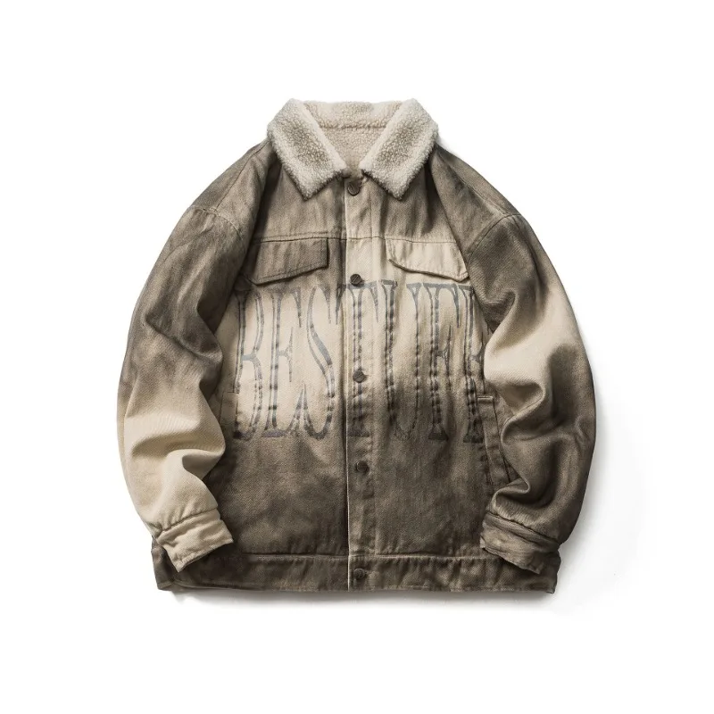 

Зимние американские ретро-парки, Промытые теплые пальто из овечьей шерсти с отложным воротником, Одежда большого размера контрастных цветов для мужчин и женщин, Топ унисекс