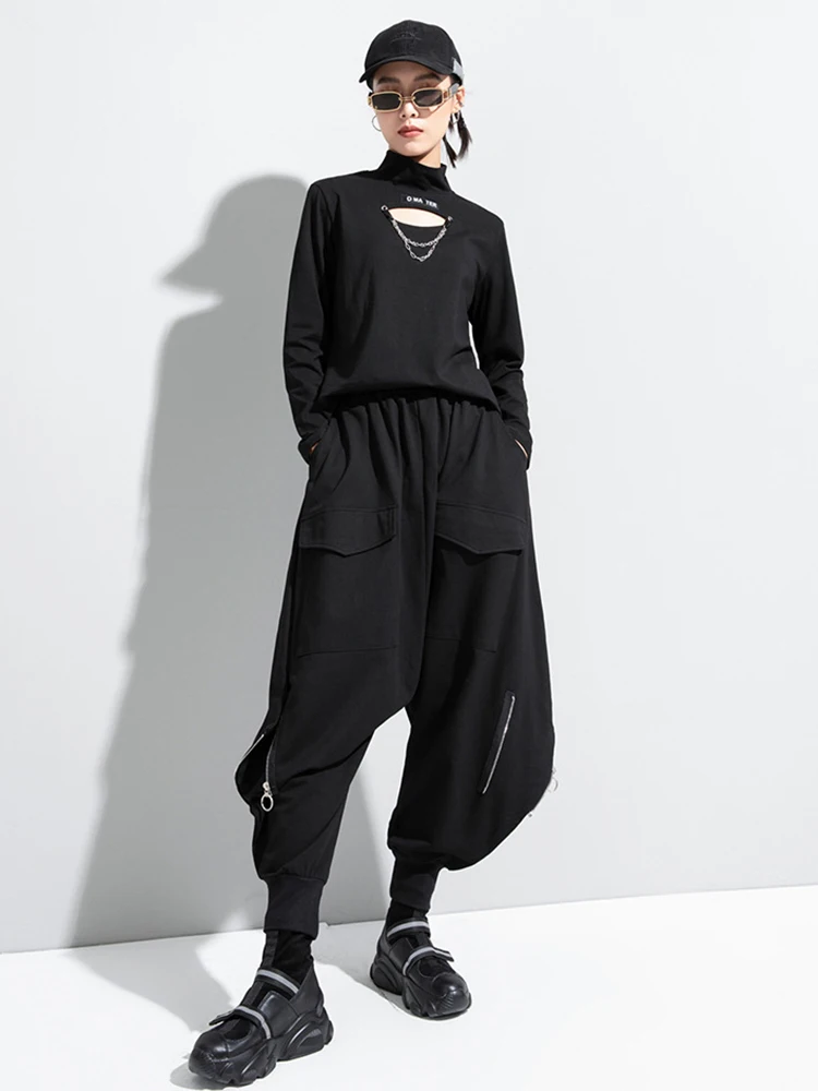 [EAM] High Elastic Waist Black Brief Long Harem Trousers New Loose Fit Pants Women Fashion Tide Spring Autumn 2026 1DC778